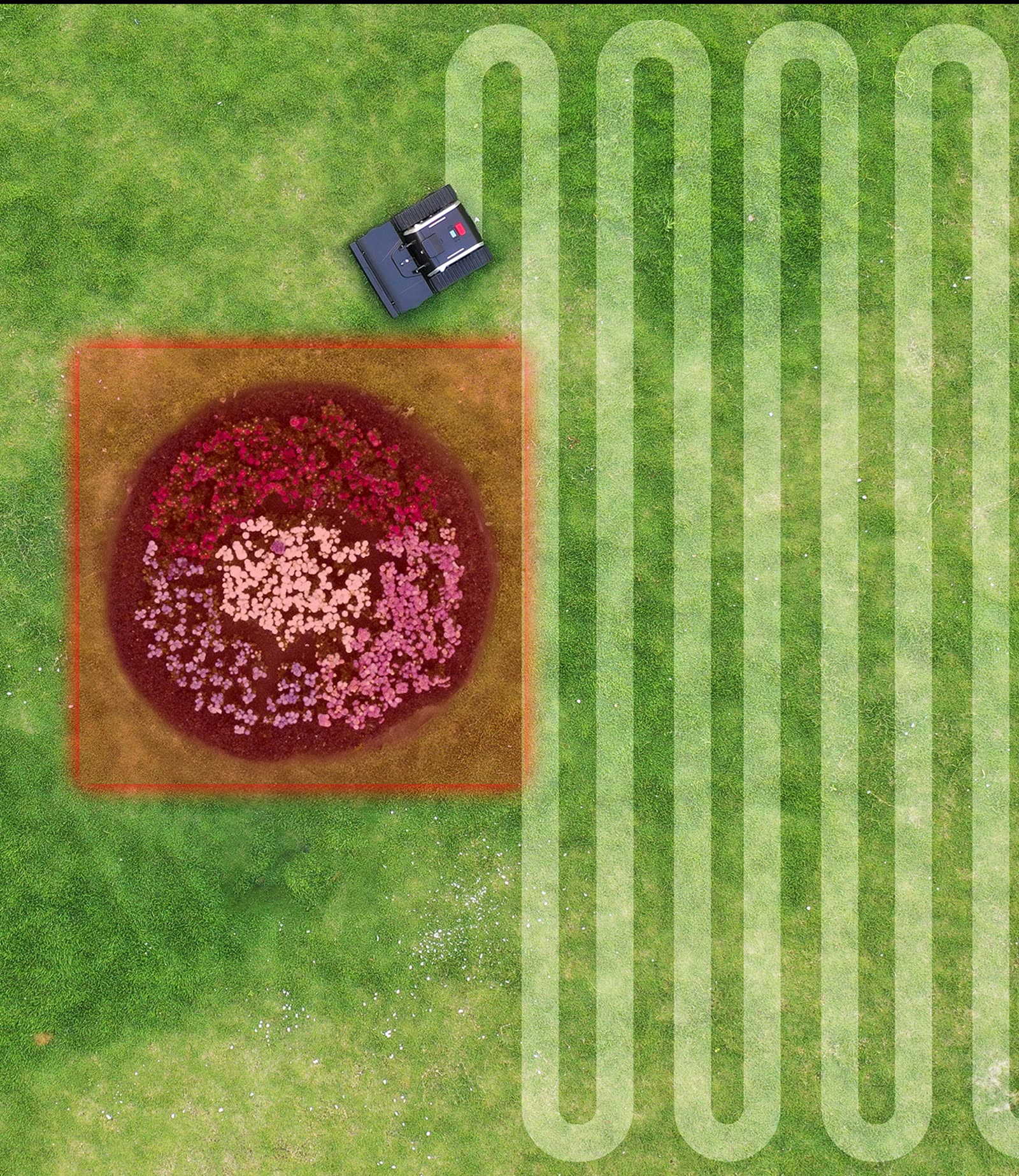 Vista aérea de um terreno com uma área marcada em vermelho como zona proibida,
                que o robô contorna, e o restante cortado em faixas.